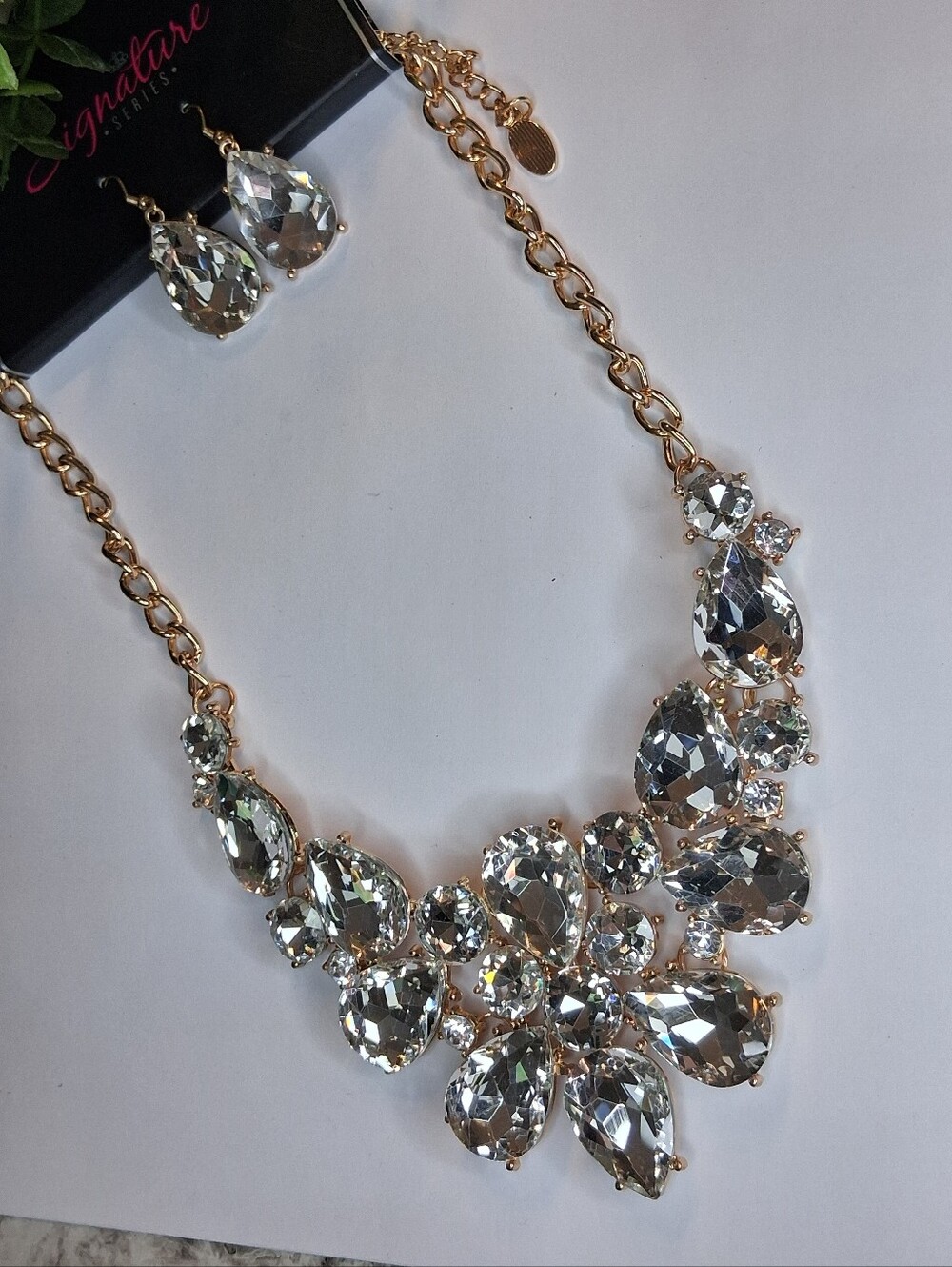 Gold Rhinestone Statement Necklace and Earrings Set